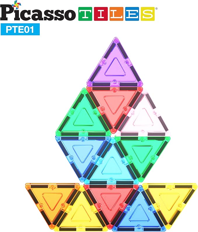 PicassoTiles Magnetic Tiles Equilateral Triangle Magnet Tile Building Set STEM Educational Construction Blocks for Kids Toddlers Boys Girls Age 3 Plus Pretend Play Learning Toy Stacking Kit PTE01