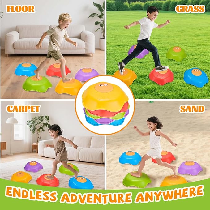 Stepping Stones for Kids - Anti-Slip Toddler Balance Stones with Squeaky Sound - 5pc Crab Sensory Toys for Indoor & Outdoor Play - Montessori Gross Motor Skills Obstacle Course for Boys Girls Toddlers