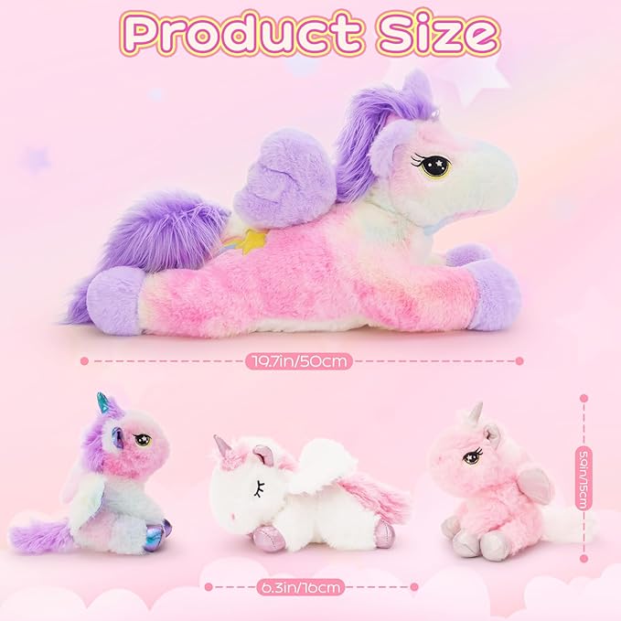 Tezituor Cute Unicorn Stuffed Animal,4 Pcs Plush Toy Set,Large Glow-in-the-Dark Unicorns Plushies with Wings,Giant Rainbow Pink Unicorn Big Stuffy Gifts for Girls Adults Valentines Christmas Birthday