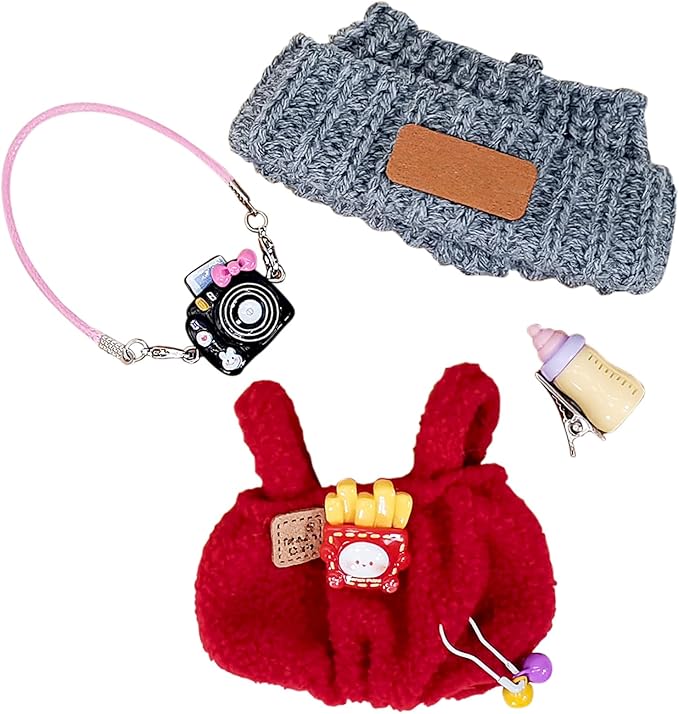 Doll Clothes for 17cm Dolls, Soft Knit Hat, Cozy Overalls, Camera, Bottle & Cute Accessories (No Doll) (Red)