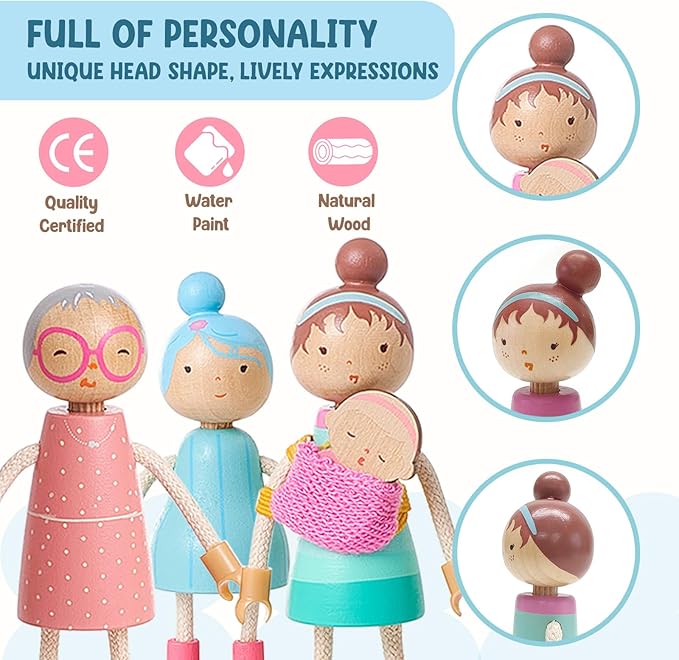 Giant bean Wooden Family Dolls Set of 7 for Dollhouse, Dollhouse People Miniature Dollhouse Accessories Toy for Boys Girls Kids Pretend Play 3 Years up