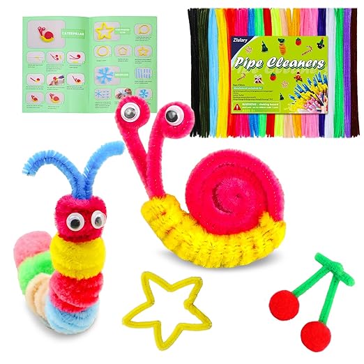 Zlulary 200 Pcs Pipe Cleaners Craft, Pipe Cleaners Chenille Stem, Pipe Cleaners for Crafts, Pipe Cleaners Craft Supplies with Instructions, Pom Poms, Pipe Cleaner Art Kits