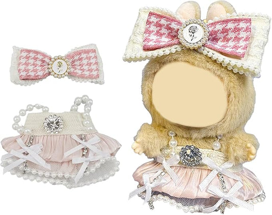 17cm Doll Clothes Set for Labubu – Pink Outfit with Spaghetti Strap Dress & Headband – Designer Clothes for 17cm Sitting or Standing Dolls (No Doll)