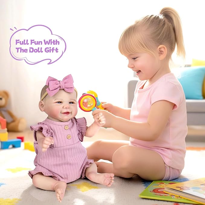 Aori Lifelike Reborn Baby Dolls - 20 Inch Realistic Smiling Girl Newborn Baby Doll with Weighted Body for Cuddling Poseable Soft Vinyl Limbs with Purple Outfit Set for Girls 3+