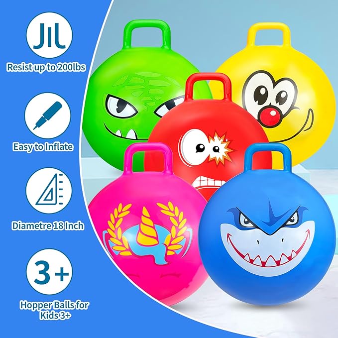 Hymaz 5 Pcs Hopper Ball Carnival Outdoors Jumping Hopping 18 Inch Bouncing Ball with Handle and Air Pump for Kids Sports School Ride Games Balance Exercise Fun