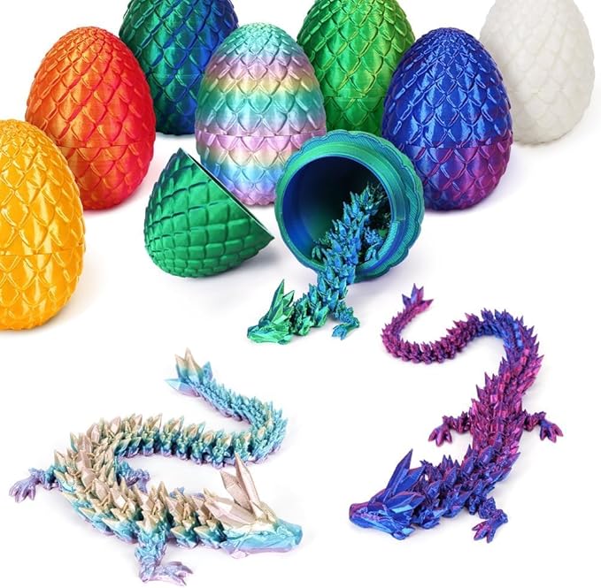 3D Printed Dragon Easter Egg,8.5in. Articulated Crystal Dragon Fidget Toy,Perfect Basket Essentials Stuffers (4sets & Bluegreen/CandyMulti/PurpleBlue/RedGold, L8.5inch Dragon&H3.5inch Egg)