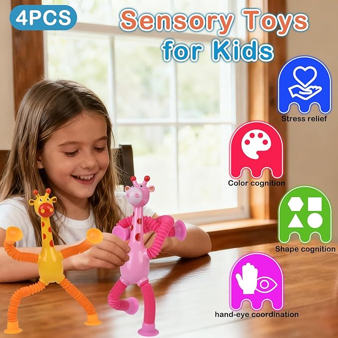 Pop Tubes Fidget Toys, 4-Pack Telescopic Suction Cup Toy for Kids Toddlers, Animal Autism Sensory Toy for Boys Girls, Funny Stocking Stuffers for Christmas Birthday Gift (Giraffe)