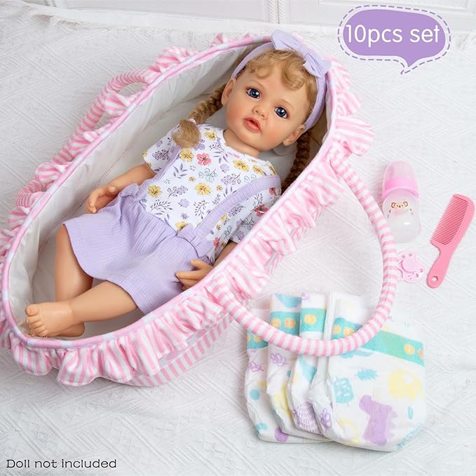 10 Pcs Reborn Baby Doll Clothes with Bassinet for 17-22 Inch Reborn Dolls, Baby Girl Doll Outfits Floral Dress Newborn Baby Doll Accessories Set - Feeding and Caring Set with Bottle Magnetic Pacifier