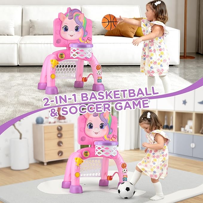 Liberry Toddler Basketball Hoop & Soccer Goal for 1 2 3 Year Old Girls Boys, Kids Sports Toy with Lights Sounds Music, Interactive Christmas Birthday Gift for Baby, Pink