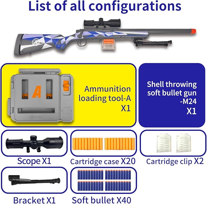AGM MASTECH M24 Foam Blaster, Shell Ejecting, Safety Switch, Adjustable Stock 41.8 Inch, Fast Dart Loader, Scope, 40 Darts, 20 Casings, 2 Mags, Tactical Gear for Teens 14+ Adults(Blue)