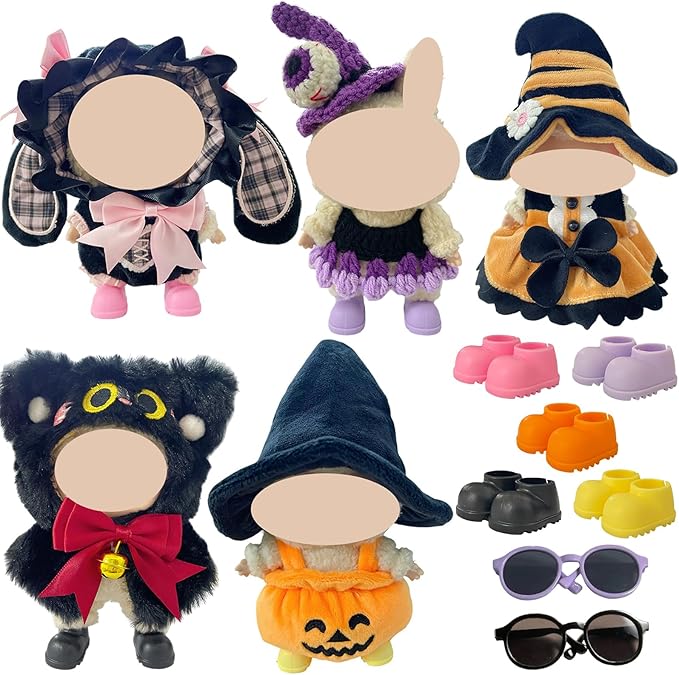 Ezcora 5 Sets Magical Fantasy Dress-Up Clothes for 17cm Dolls, Pumpkin, Witch, Bunny, Cat & Fantasy Outfits, 6.7-Inch Doll Accessories with Shoes and Glasses, Kawaii Idea (No Dolls)