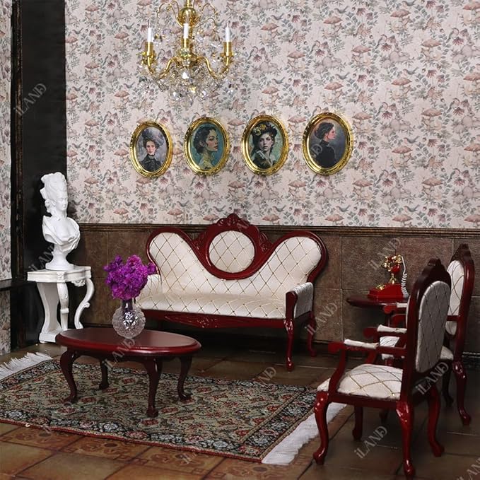 iLAND Miniature Dollhouse Accessories, 4 Dollhouse Picture Frames Set w/ 4 Beauty Portraits (4 Gold-Toned Oval Frames w/ 4 Pictures)