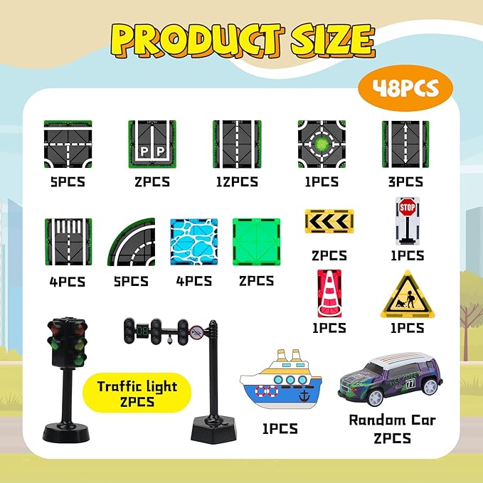 Magnetic Tiles Road Set with Pullback Car & Magnet Ship,Traffic Themed Magnetic Building Tiles Set with Traffic Light,STEM Magnet Tile for Kids Ages 3-5 4-8 5-7,Preschool Educational Kids Toys Gifts