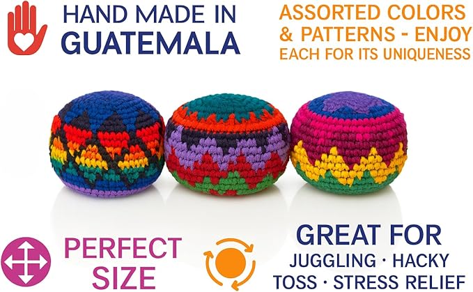 Funny Guy Mugs Multicolored Crochet Assorted Geometric Pattern Hacky Ball, Foot Bag Kick Sack, Indoor and Outdoor Toys for Kids and Adults, Set of 3