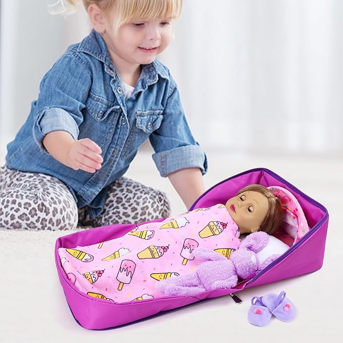 Ecore Fun 18 Inch Doll Clothes and Accessories, Bedding Accessories (8pcs) - Multi-Functional Sling Bag(Unfold Into A Bed), Pajamas, Slippers, Pillow, Blanket, Toy Rabbit, Hairband