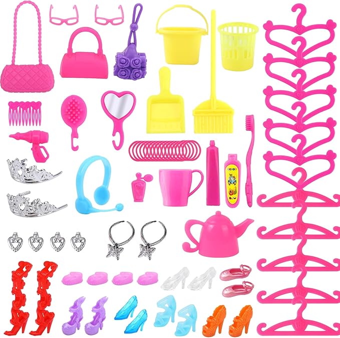 JANYUN Dresses Accessories, 6 Styles Christmas Doll Clothes with 6 Pcs Xmas Hats Party Gown Outfits Set for Doll and 98pcs Girl Dolls Shoes Necklace Bags Hanger Tableware Mirror