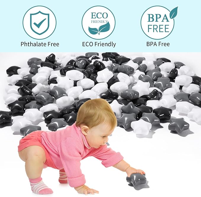 STARBOLO Baby Ball Pit Balls - 100pcs Star Balls for Ball Pit Plastic Ball Baby Play Ball Playhouse Playpen, Black/Gray/White Stars for Brithday Party Decoration.