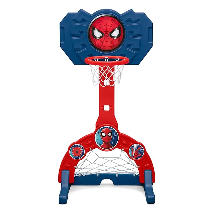 Delta Children Marvel Spider Man 4-in-1 Sports Center – Adjustable Easy Score Basketball Hoop, Soccer/Hockey Net and Golf Game, Red/Blue
