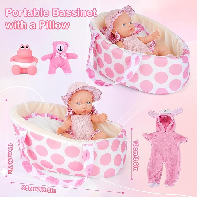 deAO 13'' Baby Doll Playset with Bassinet Carrier Bed Baby Doll Accessories Including Pillow Clothes Pacifier Pretend Play Set Gifts for Girls Ages 3+