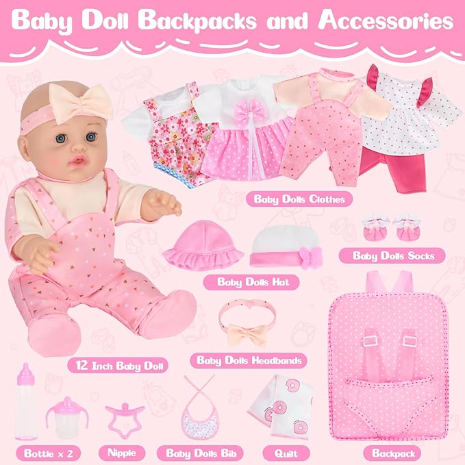 Mastom 12'' Baby Doll Playset with 4 Outfits Backpack, 12 Inch Realistic Baby Dolls with Clothes Backpack and 2 Bottles Bib Quilt Nipple Socks, Pretend Play Baby Doll Gift for Toddlers Girls Age 3+