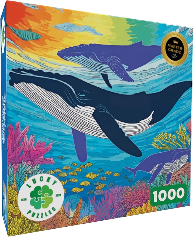 Lucky Puzzles - Kaleidoscope of the Sea - 1000 Piece Jigsaw Puzzle for Adults | Vibrant Whale and Reef Artwork | Challenging Puzzle for Adults for Puzzle Lovers