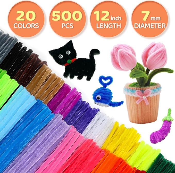 GAGANIU 500pcs Pipe Cleaners, Pipe Cleaners for Crafts, Craft Supplies Multicolor Chenille Stems for Art&Craft Christmas DIY Projects(12inch*6mm,20colors)