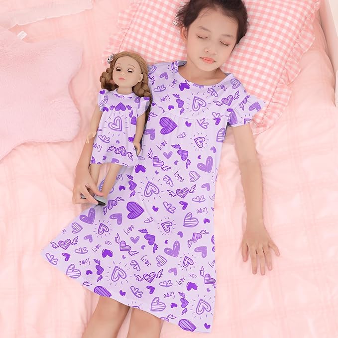 ICOSY Matching Doll & Girls Nightgowns Clothes Girls Pajamas Sleepwear Outfit for Kids and 18" Girl Doll