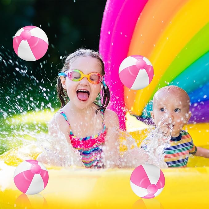 24 Pack 8 Inch Pink and White Inflatable Beach Balls Bulk PVC Beach Balls Blow up Water Games Toys for Kids Summer Swimming Pool Party Favors Hawaiian Tropical Theme Party Supplies