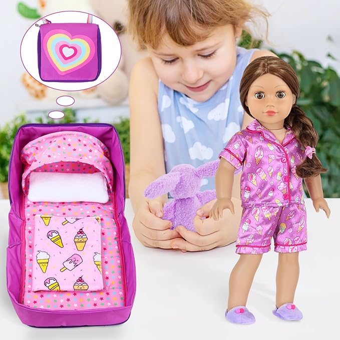 Ecore Fun 18 Inch Doll Clothes and Accessories, Bedding Accessories (8pcs) - Multi-Functional Sling Bag(Unfold Into A Bed), Pajamas, Slippers, Pillow, Blanket, Toy Rabbit, Hairband