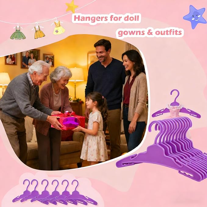 24 Pcs Doll Clothes Hangers for 18-Inch Dolls - Non-Slip, Space-Saving Wardrobe Accessories for Doll Gowns & Outfits (Purple&Rose red)