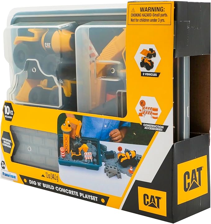 CAT Dig N Build Concrete Playset 12-oz Moldable Concrete Compound, Crane, 2 Little Machines Vehicles, Construction Molds & Easy-Cleanup Tray, Sensory STEM Kit for Kids Ages 3 +