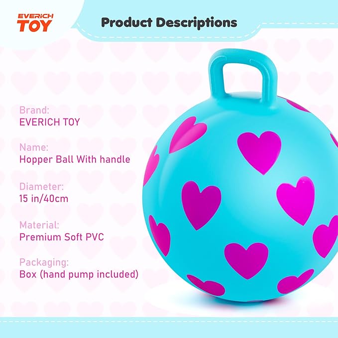 EVERICH TOY Hopper Ball,15In Sit On Bouncy Ball with Handle, Pink Heart Girls Toys - Fun Indoor Active Play, Inflatable Balance Toys for Girls Boys Birthday Gifts 3 4 5 6 Years Old