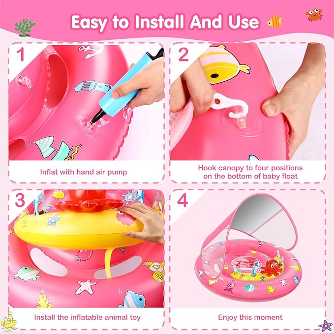 Baby Pool Float with Canopy, Inflatable Baby Swim Float with UPF50+ Sun Protection, Toddler Infant Pool Float with Toy Play Console Adjustable Safety Seat for Kids Girls Boys Aged 6-36 Months, Pink