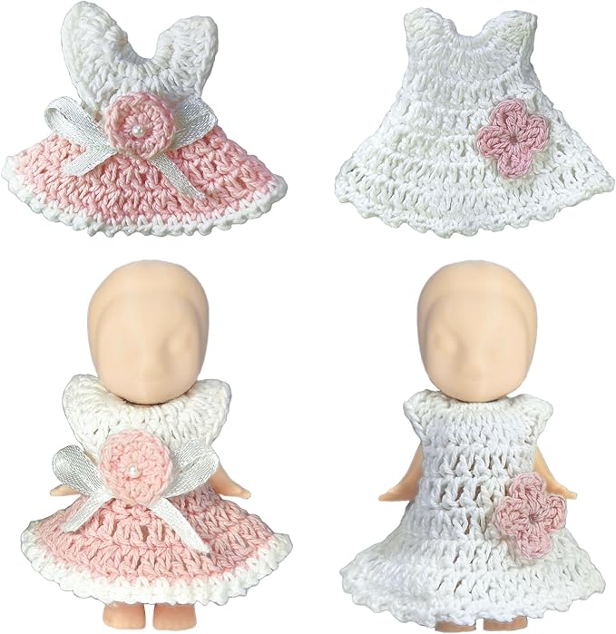 Mini Doll Clothes Skirt Set – 2 Crochet Dresses for 3 Inch Collectible Figures, Pink & White Cotton Outfits | Birthday Gift Set | Cute Clothing Accessories for Mini Dolls