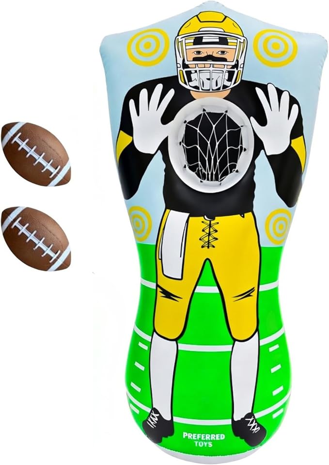 65” Inflatable Football Target Net Toss Game - Double-Sided Throwing Practice Football Stuff with Mini Balls - Backyard Tailgate Party Sports Toy for Kids & Adults
