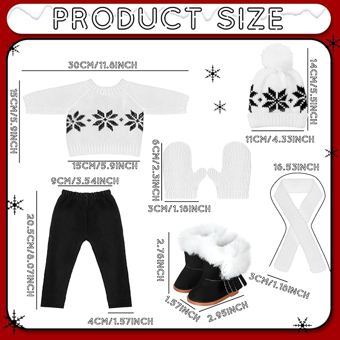 Bencailor 6 Pcs 18 Inch Christmas Doll Clothes and Accessories Winter Outfits Set Sweaters Trousers Hats Shoes Gloves for 18 Inch Doll Gifts(White)