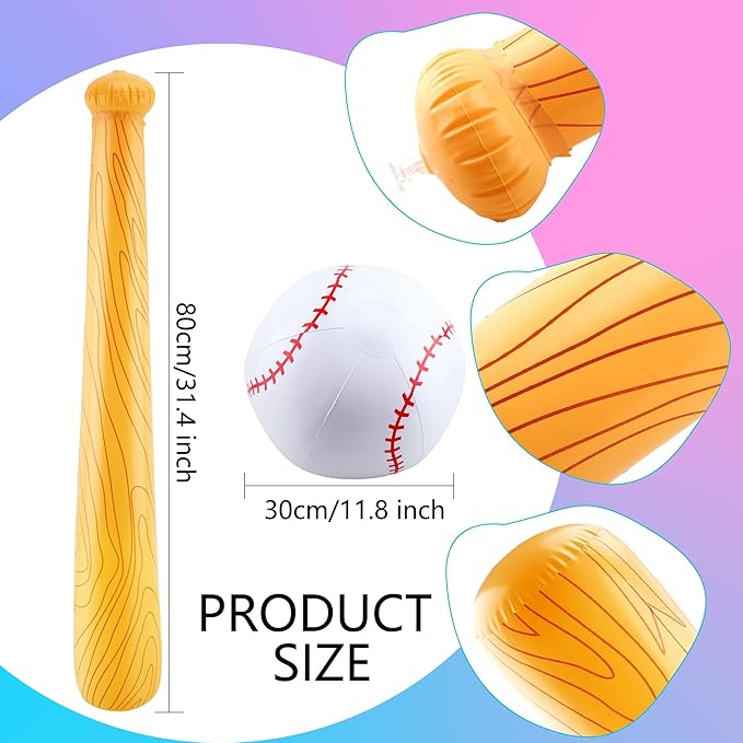 9 Pack Inflatable Bat Set Include 6 Pcs 32 Inch Blow up Baseball Bat and 3 Pcs Ball Inflates Inflatable Wood Grain Bat for Summer Pool Sports Theme Birthday Party Favors