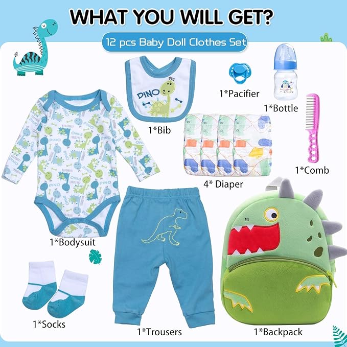 12 Pcs Reborn Baby Doll Clothes Boy Blue Dinosaur Outfit Accessories for 17-22 Inch Reborn Dolls Newborn Baby Boy Clothes Set with Backpack Diaper