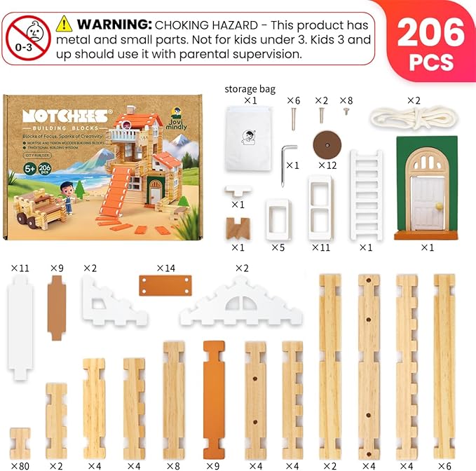 Jovi-mindly＆Notchies New 206 PCS Wooden Blocks Wooden Toys with House and Car, Preschool Learning Toys Wood Blocks Building for Kids Ages 4-8 Creative Construction Game,Easter Toys Gifts