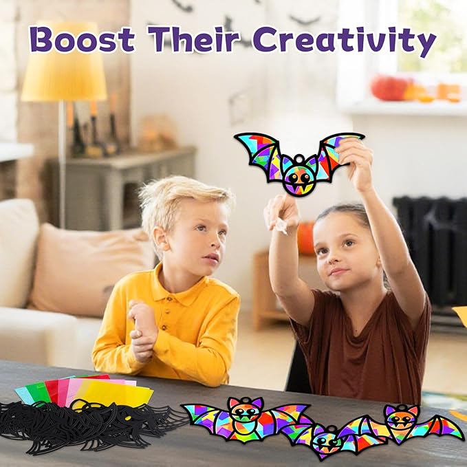 QOUBAI 32 Sets Halloween Bats Suncatchers Craft Kit DIY Window Stained Glass Effect Halloween Bats Paper Crafts Home School Classroom Decoration Kid Birthday Gift Creative Art Project Activity Game