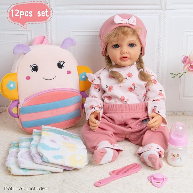 12 Pcs Reborn Baby Doll Clothes Floral Outfits for 17-22 Inch Reborn Dolls Girl with Backpack and Soft Diapers Babydoll Accessories