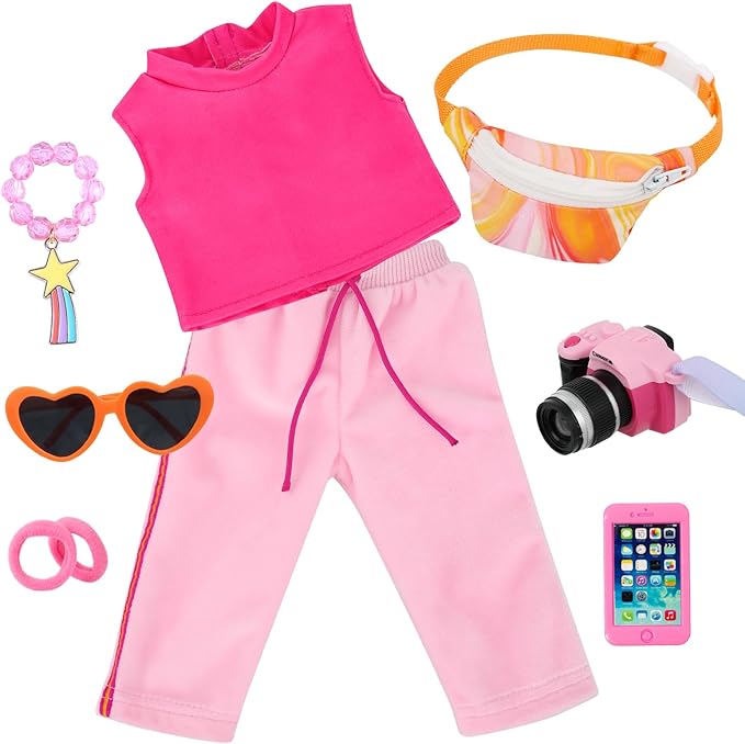 American 18 inch Doll Clothes and Accessories Travel Bag Set Including Pink Top Pants Sunglasses Camera Toy Cell Phone Hair Ties and Bracelet Fit for 18 inch Doll