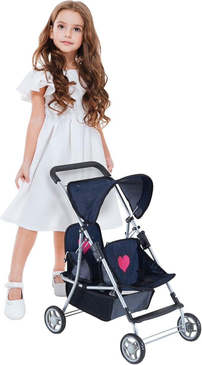 The New York Doll Collection First Twin Stroller - Cutest Heart Design Baby Strollers Great Toy Gift for Toddlers and Girls (Denim) Blue,pink