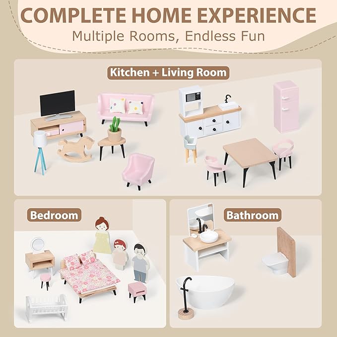 Pithfor Wooden Dollhouse Furniture Set, Dollhouse Accessories and Furniture, with 7 Rooms 3 Dolls, Includes Patio Set & Dog Set, Doll House Furniture Toys Gift for Kids Boys Girls