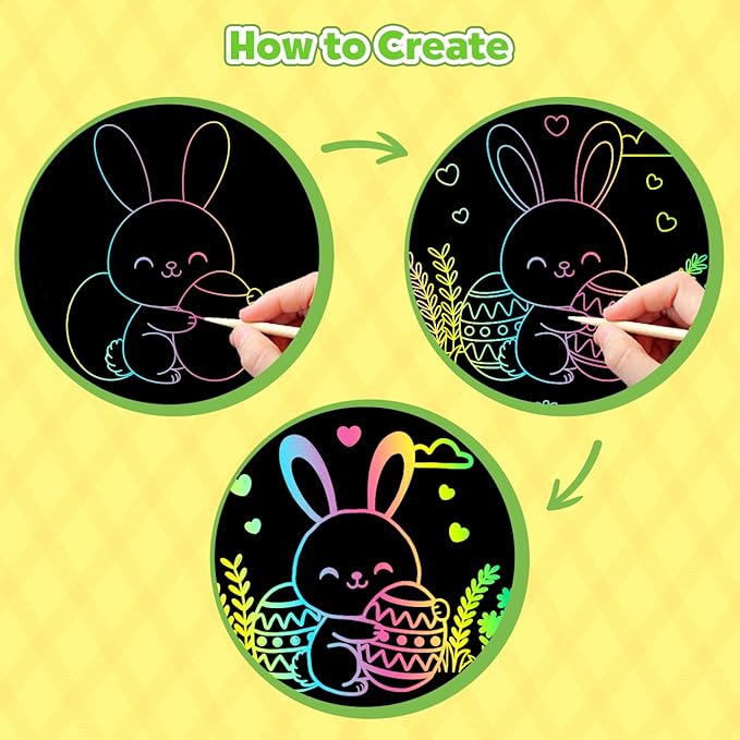 ZMLM Easter Arts Crafts Gifts for Kids: 100PCS Rainbow Scratch Paper Art Gifts for Girls Boys Ages 4-8 8-12, Easter Basket Stuffers for Kids Birthday Toys and Games Activities Gift (Yellow)