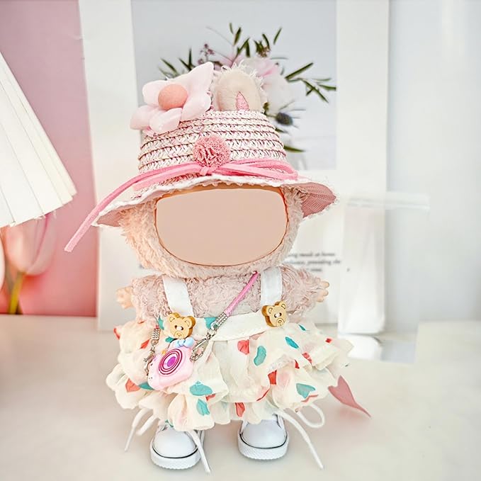 5 Set 17cm Doll Clothes, Clothes for Dolls Outfit, Accessories for 17cm Dolls Clothes Dress + Straw hat + Hairpin + Small Camera + Shoes, No Doll（Spring Pink Set）