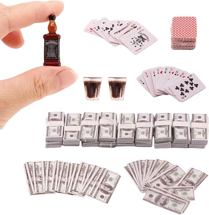 Miniature Doll Accessories 400Pcs 1:12 Scale Mini Money Miniature Playing Card Mini Wine Bottles Set Model for Tiny Doll House Accessories,Action Figure Scene Props,DIY Craft Projects