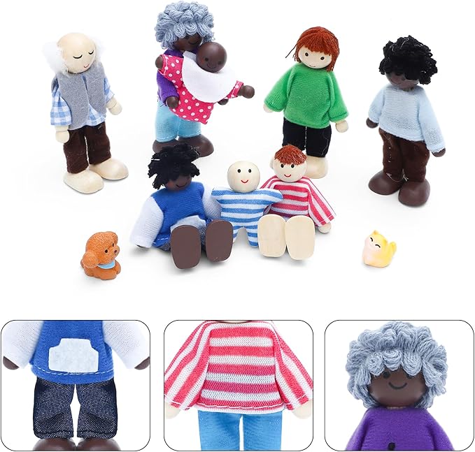 ONEST 10 Pieces Wooden Dollhouse Family Set Mini People Figures Sets Dollhouse Dolls Wooden Doll Family Pretend Play Figures Accessories for Pretend Doll House
