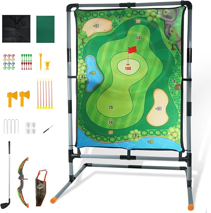 Golf Chipping Game with Stand, Multi-Sport Golf Practice Set with Archery,Hatchet,Darts,Double-Sided Hitting Mat for Backyard Fun, Indoor/Outdoor Sports Toy for Kids & Adults
