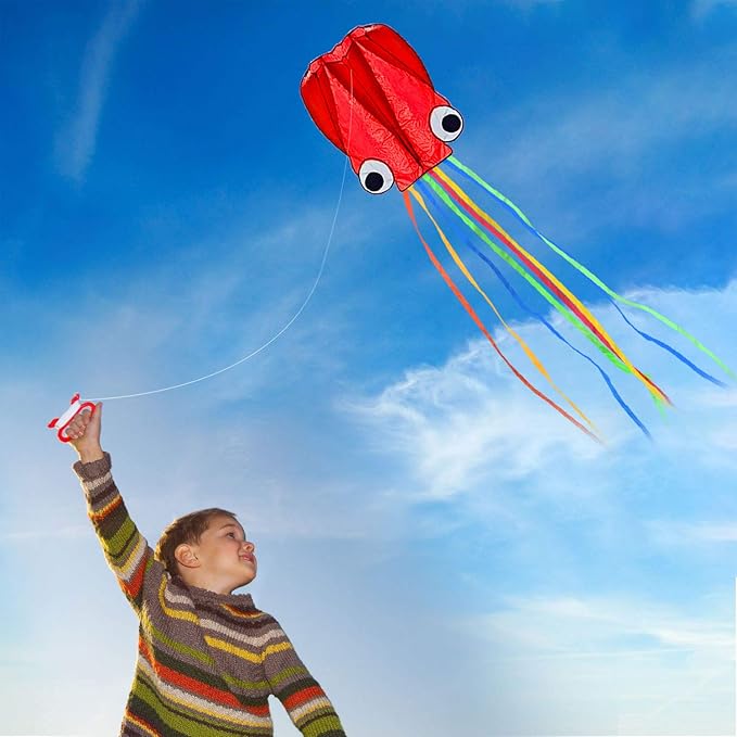 Large Octopus Kites, Long Tail Beautiful Easy Flyer Beach Kites, Good Kite for Kids and Adults Easy to Fly(Red+Blue)
